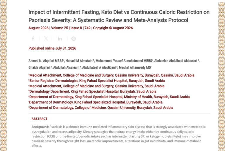 Journal of Drugs in Dermatology JDD featuring Impact of Intermittent Fasting, Keto Diet vs Continuous Caloric Restriction on Psoriasis Severity: A Systematic Review and Meta-Analysis Protocol