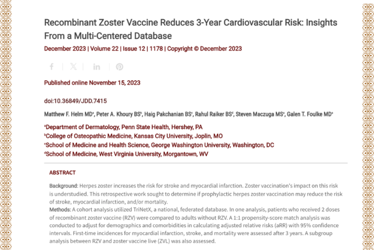 Journal of Drugs in Dermatology JDD featuring Recombinant Zoster Vaccine Reduces 3-Year Cardiovascular Risk: Insights From a Multi-Centered Database
