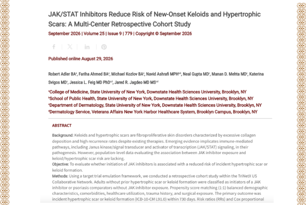 Journal of Drugs in Dermatology JDD featuring JAK/STAT Inhibitors Reduce Risk of New-Onset Keloids and Hypertrophic Scars: A Multi-Center Retrospective Cohort Study