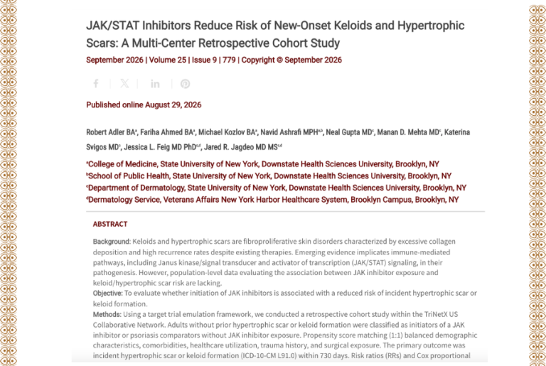 Journal of Drugs in Dermatology JDD featuring JAK/STAT Inhibitors Reduce Risk of New-Onset Keloids and Hypertrophic Scars: A Multi-Center Retrospective Cohort Study