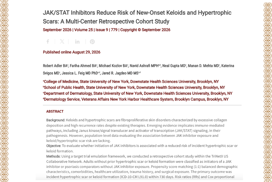 Journal of Drugs in Dermatology JDD featuring JAK/STAT Inhibitors Reduce Risk of New-Onset Keloids and Hypertrophic Scars: A Multi-Center Retrospective Cohort Study