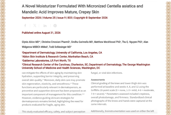 Journal of Drugs in Dermatology JDD featuring A Novel Moisturizer Formulated With Micronized Centella asiatica and Mandelic Acid Improves Mature, Crepey Skin