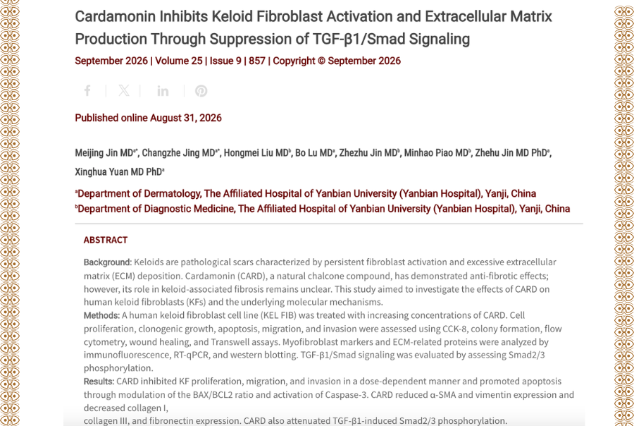 Journal of Drugs in Dermatology JDD featuring Cardamonin Inhibits Keloid Fibroblast Activation and Extracellular Matrix Production Through Suppression of TGF-β1/Smad Signaling