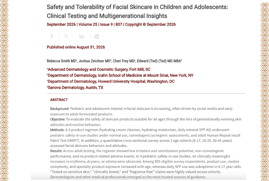 Journal of Drugs in Dermatology JDD featuring Safety and Tolerability of Facial Skincare in Children and Adolescents: Clinical Testing and Multigenerational Insights