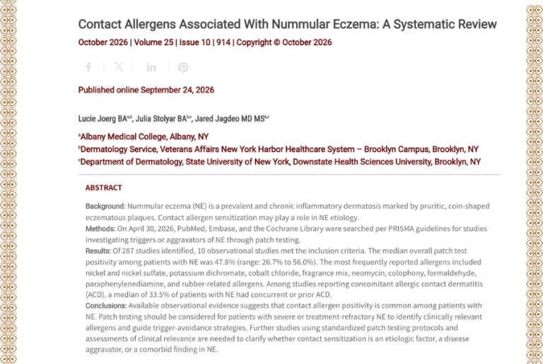 Journal of Drugs in Dermatology JDD featuring Contact Allergens Associated With Nummular Eczema: A Systematic Review
