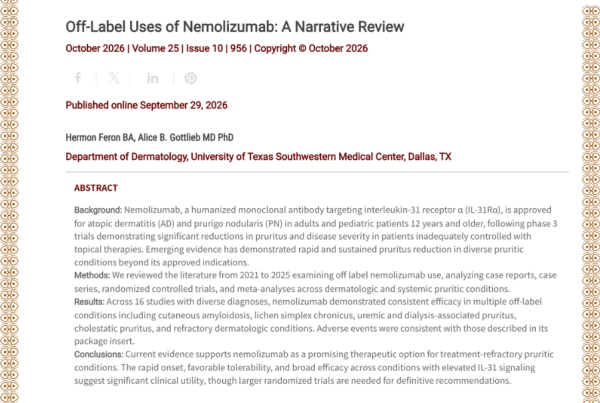 Journal of Drugs in Dermatology JDD featuring Off-Label Uses of Nemolizumab: A Narrative Review