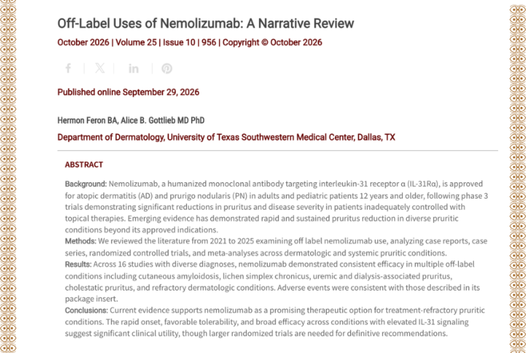 Journal of Drugs in Dermatology JDD featuring Off-Label Uses of Nemolizumab: A Narrative Review