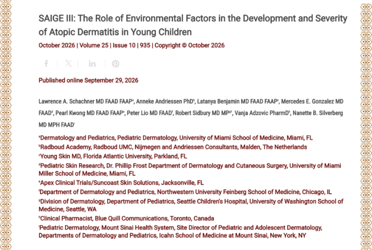Journal of Drugs in Dermatology JDD featuring SAIGE III: The Role of Environmental Factors in the Development and Severity of Atopic Dermatitis in Young Children